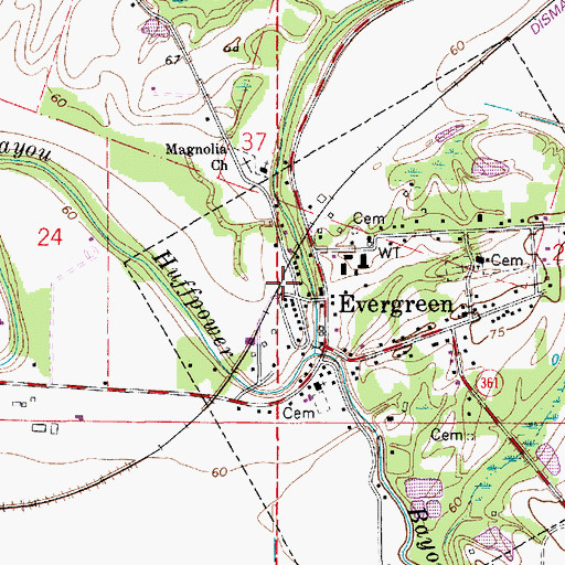 Topographic Map of Evergreen Volunteer Fire Department, LA