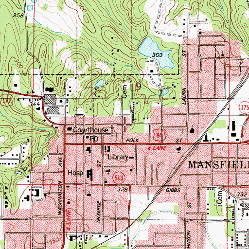 Topographic Map of Mansfield Fire Department Central Station, LA