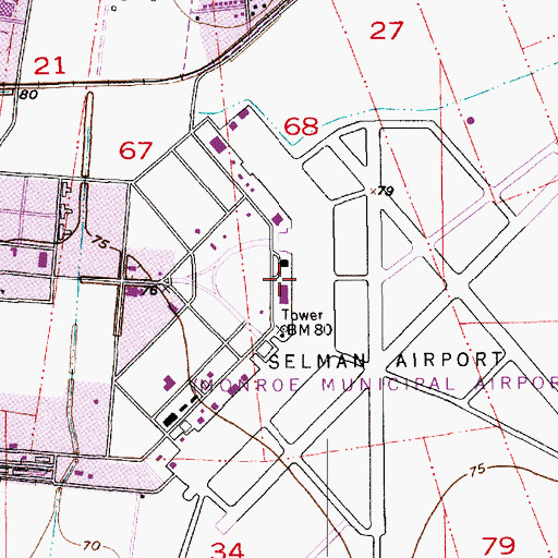 Topographic Map of Monroe Fire Department Station 7 Monroe Regional Airport, LA