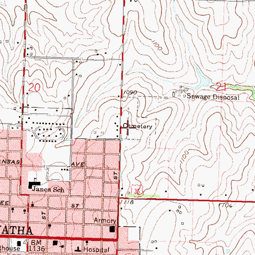 Topographic Map of Hiawatha Cemetery, KS