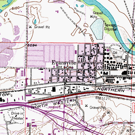 Topographic Map of Evansville Fire Department and Emergency Medical Services, WY