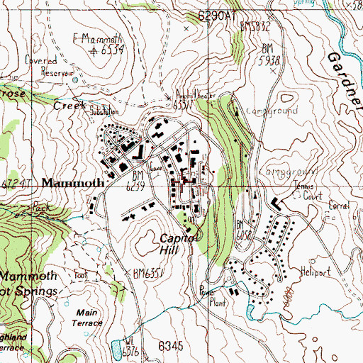 Topographic Map of Yellowstone National Park Fire Department Mammoth Station, WY
