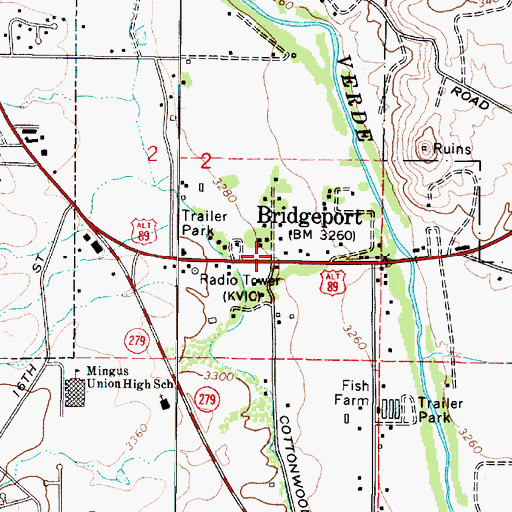 Topographic Map of Bridgeport, AZ