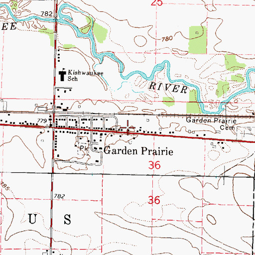 Topographic Map of Garden Prairie Census Designated Place, IL