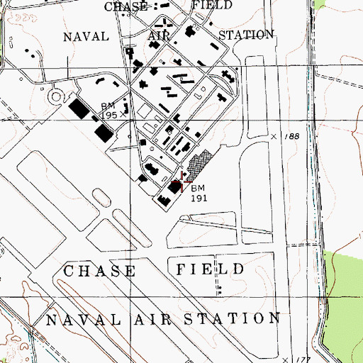 Topographic Map of Chase Field Industrial Airport, TX