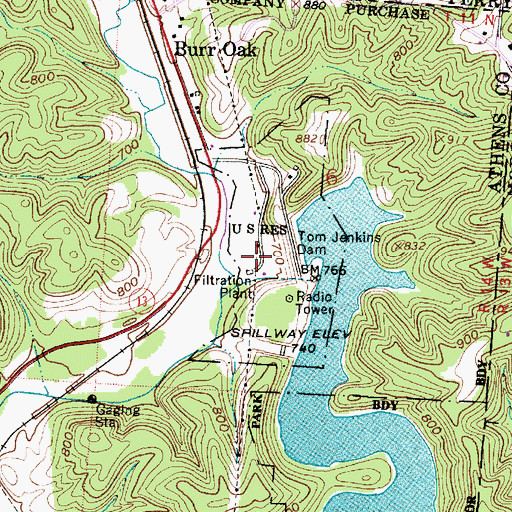 Topographic Map of Burr Oak Regional Water Treatment Plant, OH