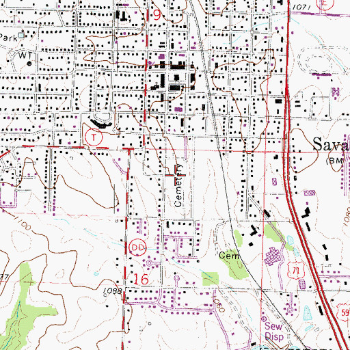 Topographic Map of Savannah Cemetery, MO