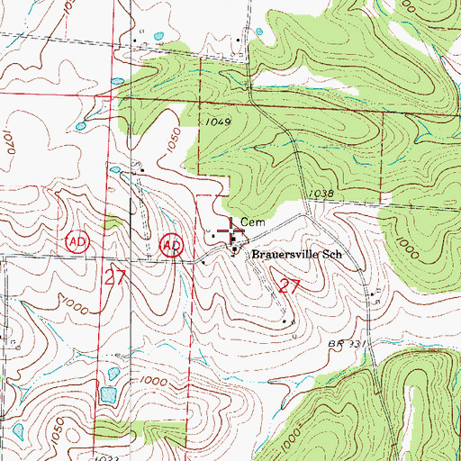 Topographic Map of Brauersville Lutheran Cemetery, MO