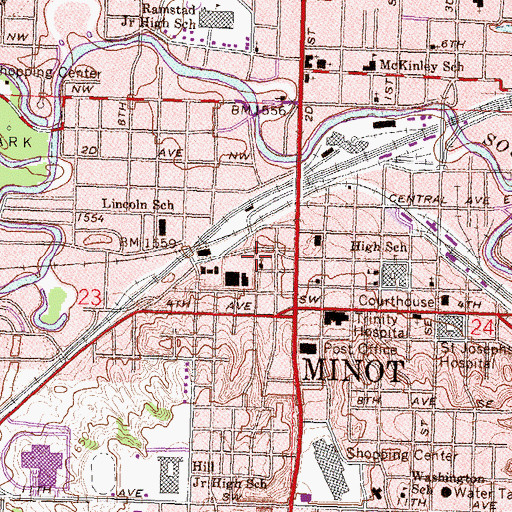 Topographic Map of First Baptist Church, ND