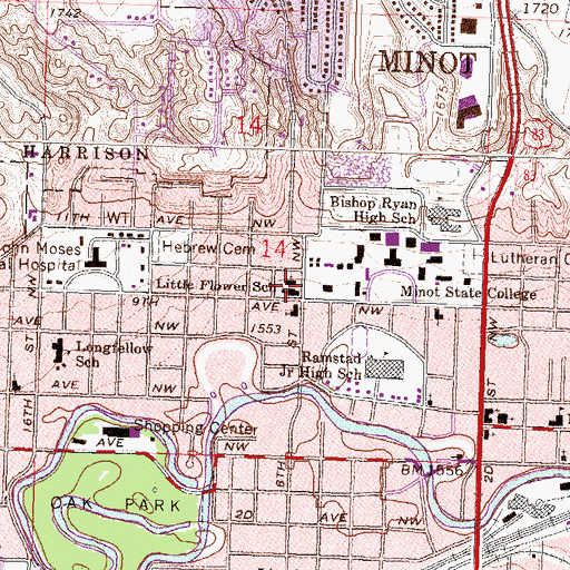 Topographic Map of Little Flower Catholic Church, ND