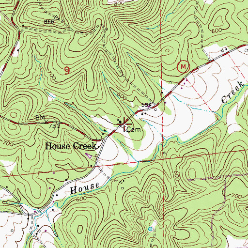 Topographic Map of Houses Creek Cemetery, MO