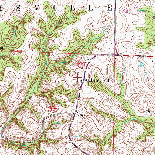 Topographic Map of Asbury Cemetery, MO