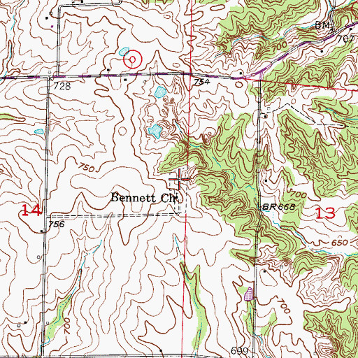 Topographic Map of Bennett Cemetery, MO