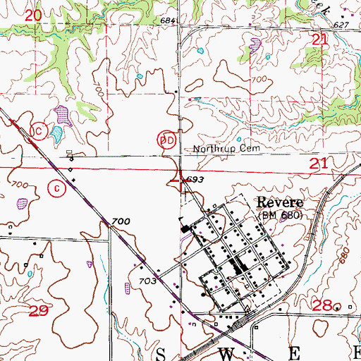 Topographic Map of Revere Cemetery, MO