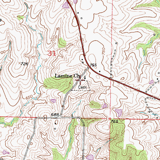 Topographic Map of Old Lamine Cemetery, MO