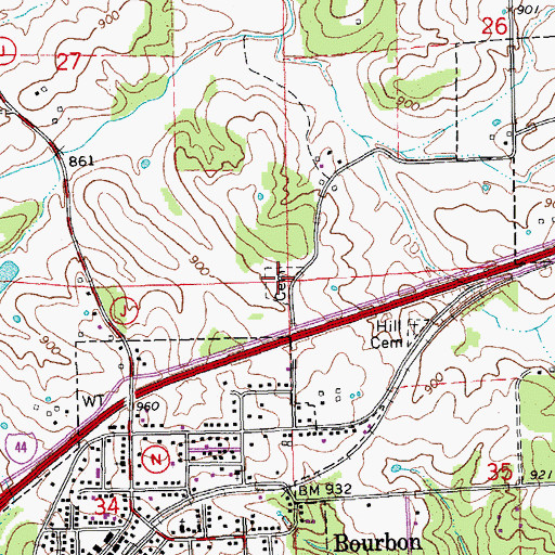 Topographic Map of Bourbon Cemetery, MO