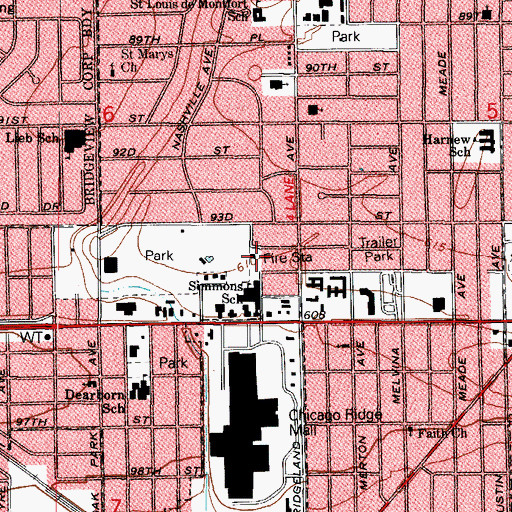 Topographic Map of Oak Lawn Fire Department Station 2, IL
