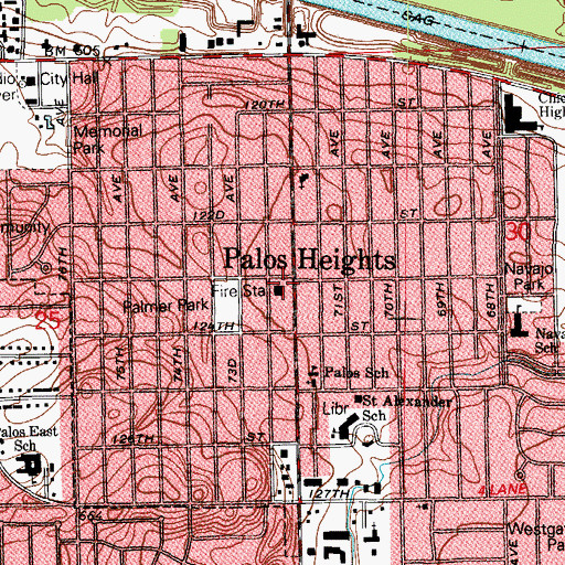 Topographic Map of Palos Heights Fire Protection District Station 1, IL