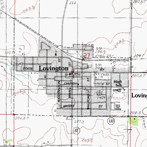 Topographic Map of Lovington Volunteer Fire Protection District, IL