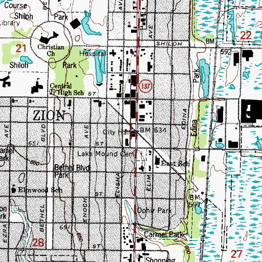 Topographic Map of Zion Fire and Rescue Department Station 1, IL