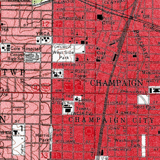 Topographic Map of Champaign Fire Department Station 1, IL