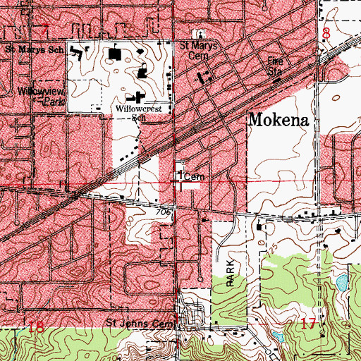 Topographic Map of Mokena Fire Protection District Station 1, IL