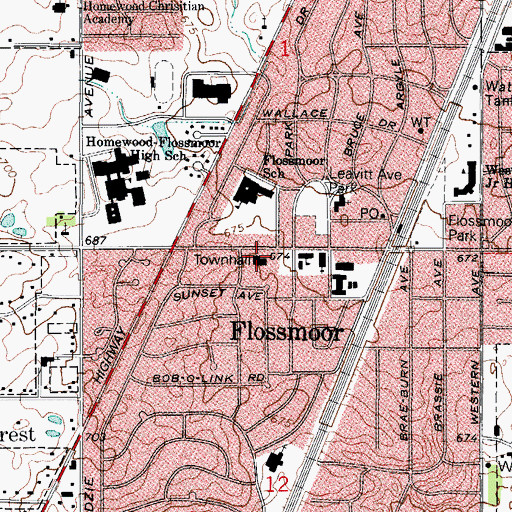 Topographic Map of Flossmoor Fire Department, IL