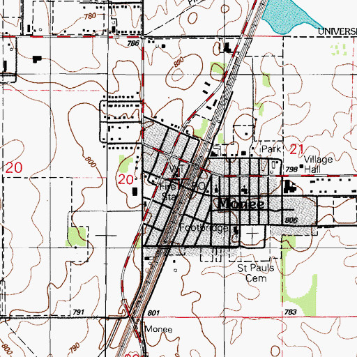 Topographic Map of Monee Fire Protection District Station 1, IL