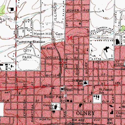 Topographic Map of Olney Fire Department, IL