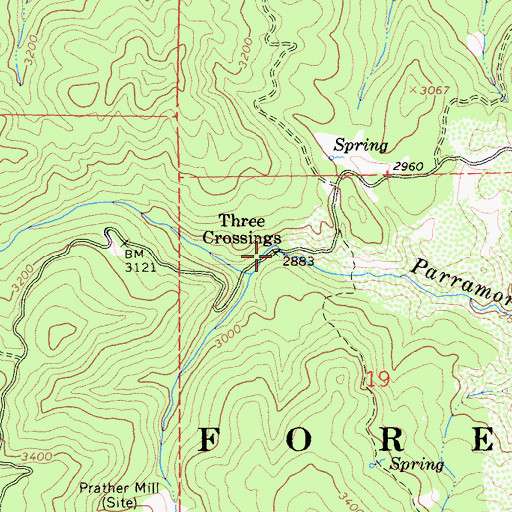 Topographic Map of Three Crossing, CA