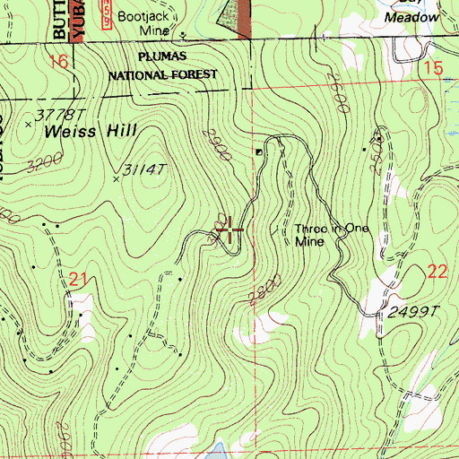 Topographic Map of Three in One Mine, CA