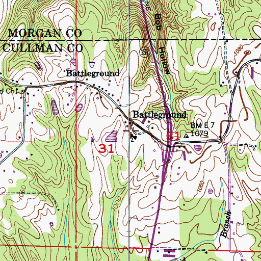 Topographic Map of Battleground Volunteer Fire Department Station 1, AL