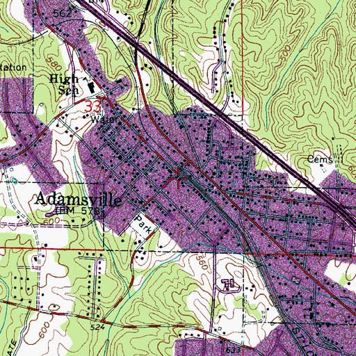 Topographic Map of Adamsville Fire and Rescue Service, AL
