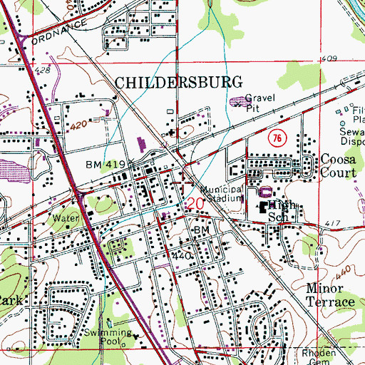 Topographic Map of Childersburg Fire and Rescue, AL