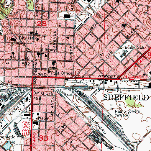 Topographic Map of Sheffield Fire Department Station 1, AL
