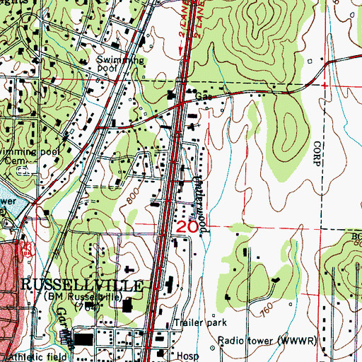 Topographic Map of Russellville Fire and Rescue Station 2, AL