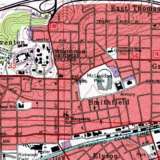 Topographic Map of Birmingham Fire and Rescue Service Station 14, AL
