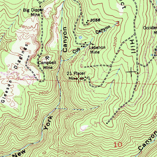 Topographic Map of Twenty One Placer Mine, CA