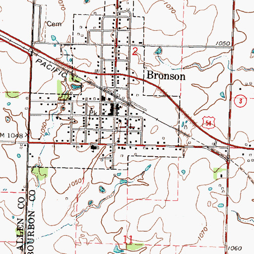 Topographic Map of Bronson Baptist Church, KS