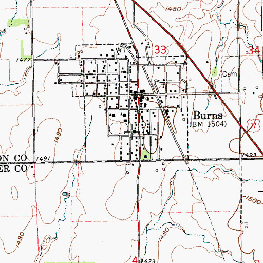 Topographic Map of Burns United Methodist Church, KS