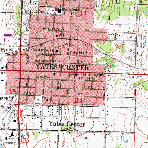 Topographic Map of Yates Center United Methodist Church, KS