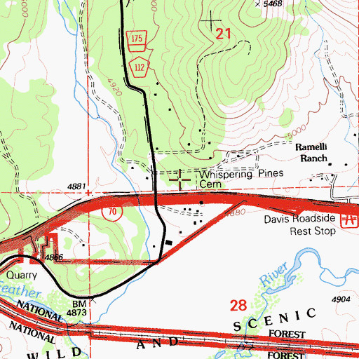 Topographic Map of Whispering Pines Cemetery, CA