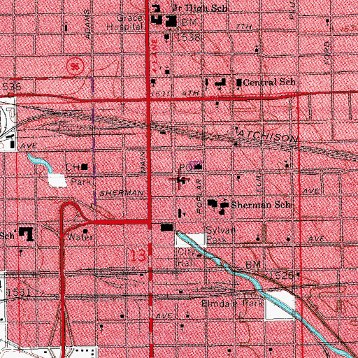 Topographic Map of First United Methodist Church of Hutchinson, KS