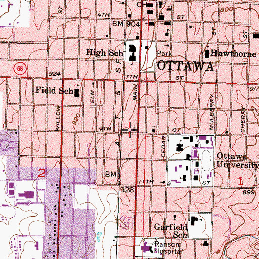 Topographic Map of Ottawa Community Church, KS