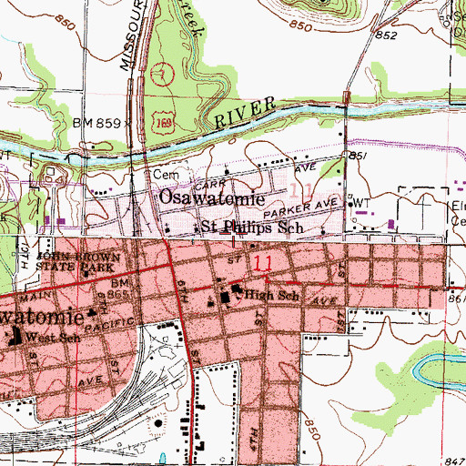 Topographic Map of Osawatomie Wesleyan Church, KS