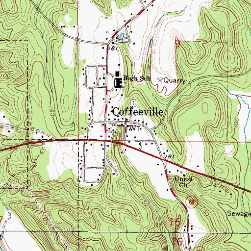 Topographic Map of Coffeeville Volunteer Fire Department, AL