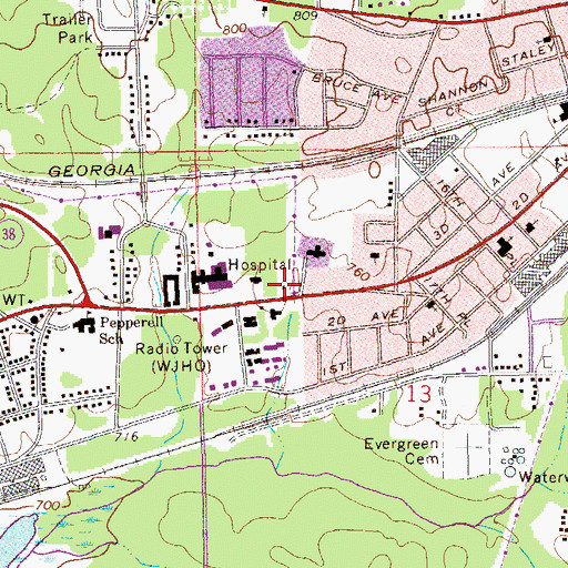Topographic Map of Opelika Fire and Rescue Station 2, AL