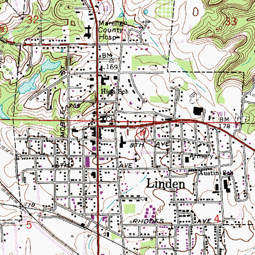 Topographic Map of Linden Volunteer Fire Department Station 1, AL