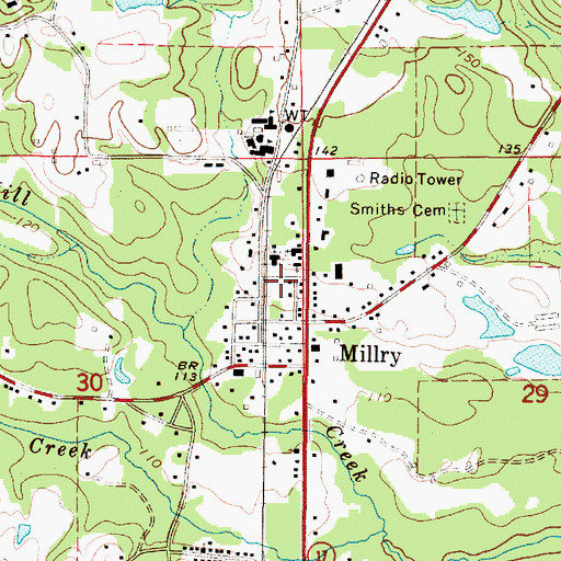 Topographic Map of Millry Volunteer Fire Department, AL