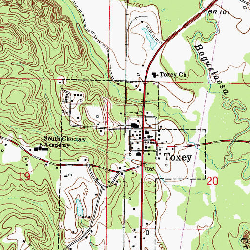 Topographic Map of Toxey Volunteer Fire Department, AL